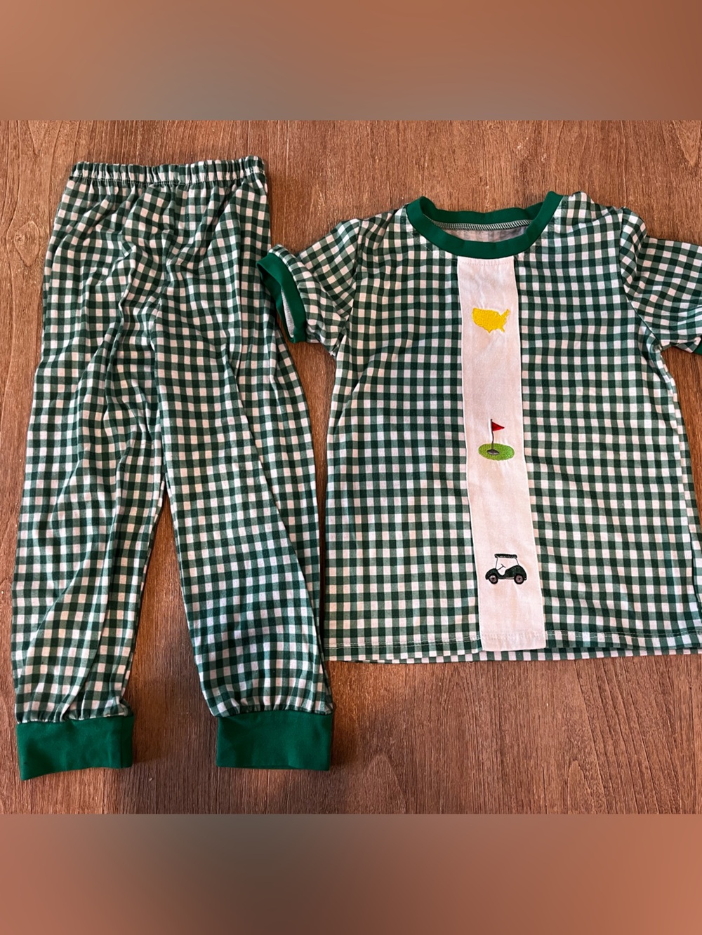 Masters Embroidered Green Gingham Kids Pajama Set with Golf Motif